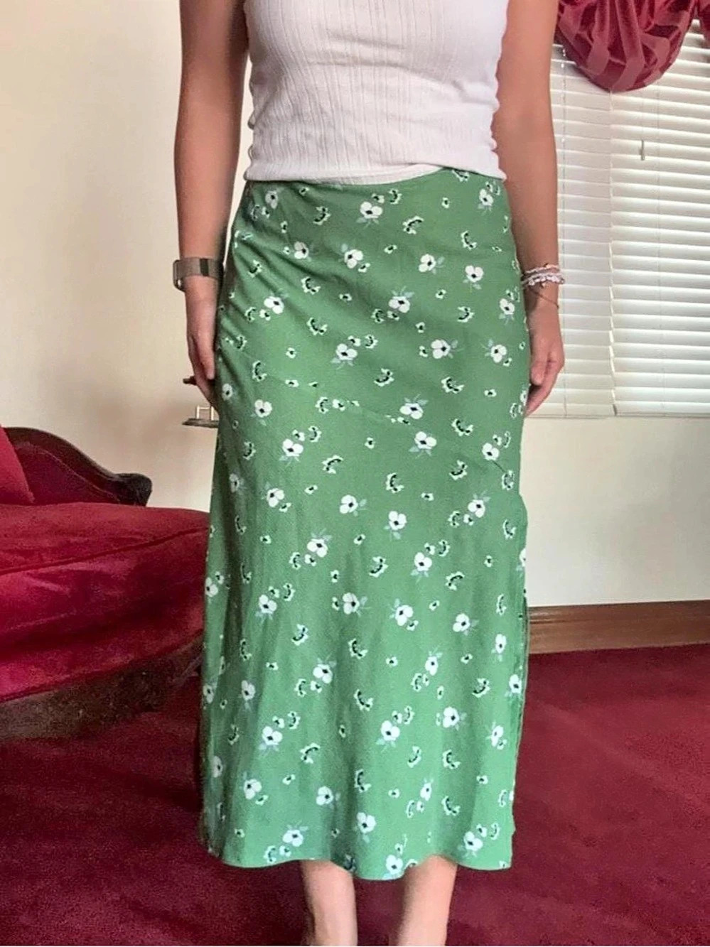 Princess Polly Lewish Low Rise Midi Skirt Green & White Medium Like New
